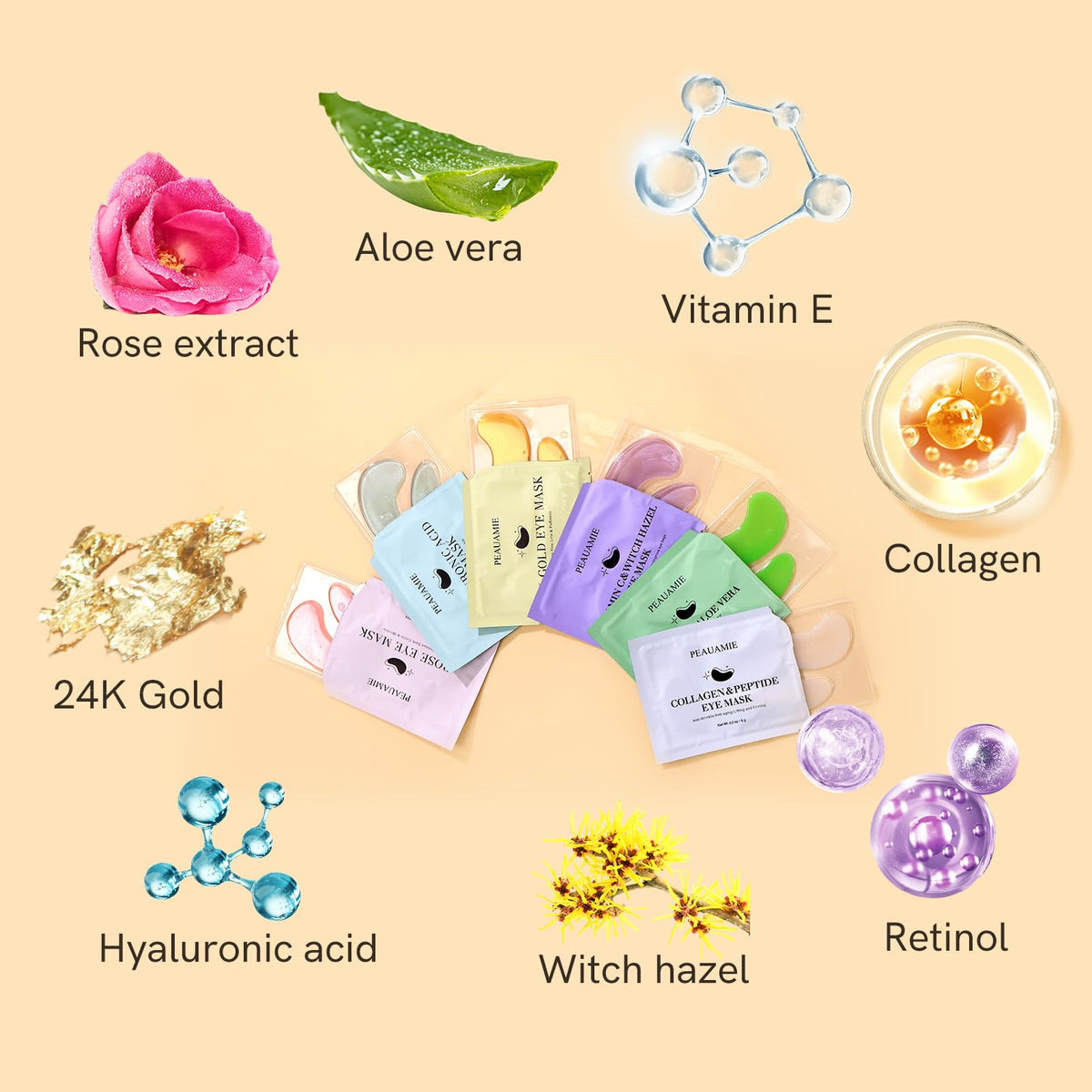 PEAUAMIE Collagen & Hyaluronic Acid Under Eye Patches (24 Pairs) - Intensive Plumping Eye Mask for Wrinkles, Dark Circles & Dehydrated Skin