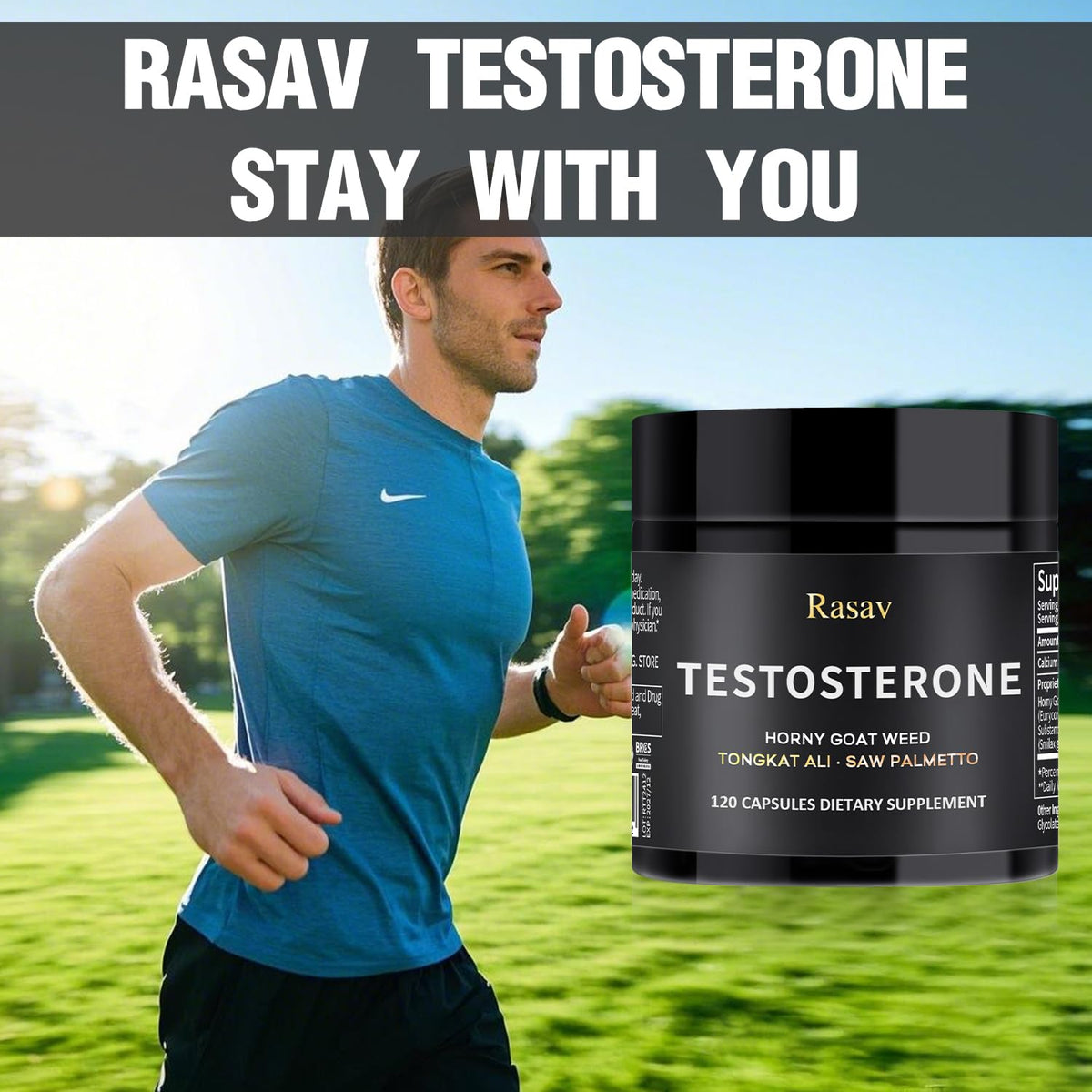 Rasav Horny Goat Weed & Tongkat Ali Testosterone Booster for Men - Energy, Stamina, Strength & Muscle Support - 120 Capsules
