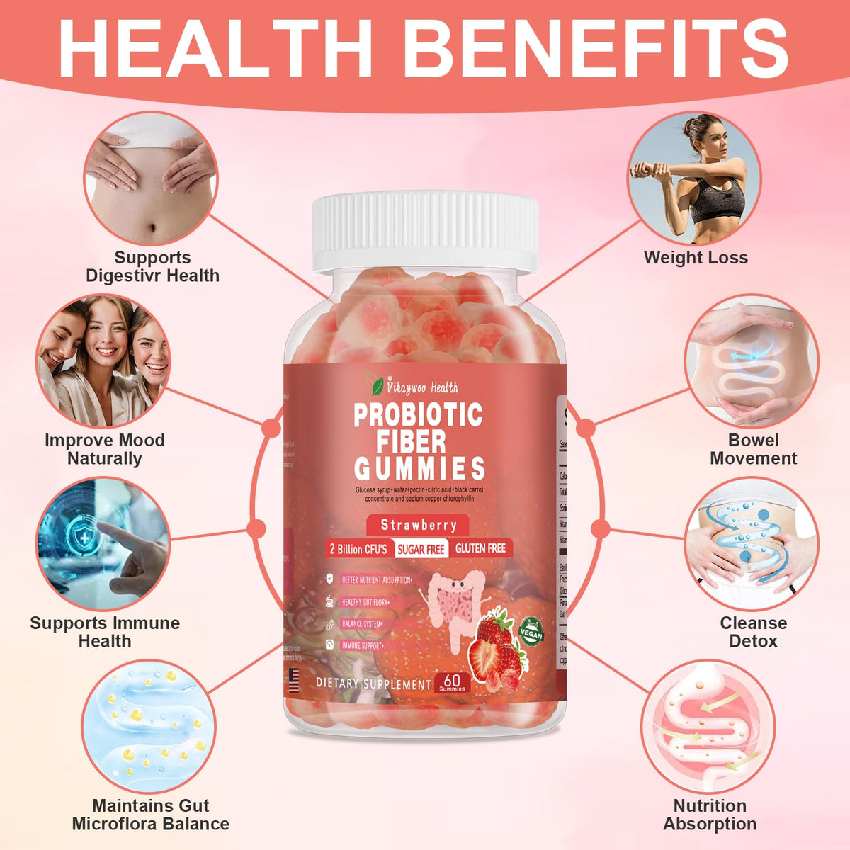 Vikaywoo Probiotic Fiber Gummies for Adults, No Sugar Added Strawberry Flavor– 120 Billion CFUs –Vitamin C,Vitamin D–Digestive Health & Regularity Support(60 Count)