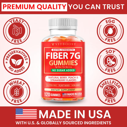 VITBOOST Prebiotic Fiber Gummies 7g - 120 Count - No Sugar Added, Vegan, Pectin-Based (No Gelatin), Non-GMO, Made in USA - Digestive & Gut Health Support
