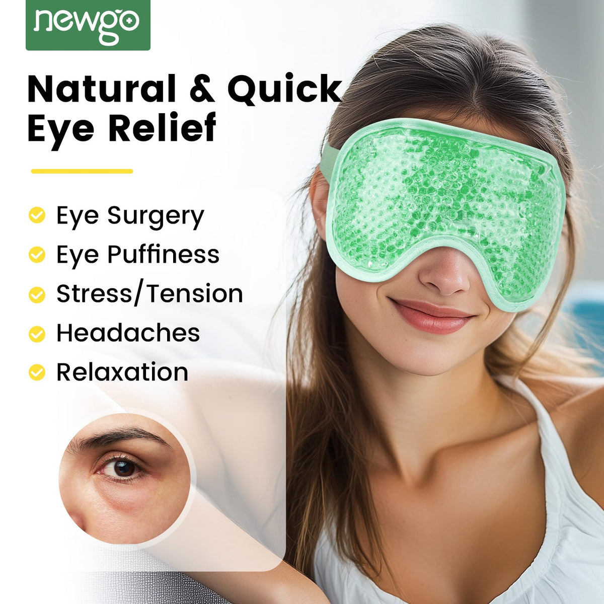 NEWGO Cooling Eye Mask - Cold Ice Pack for Puffy Eyes, Dark Circles, Headache & Stress Relief (Blue/Green)