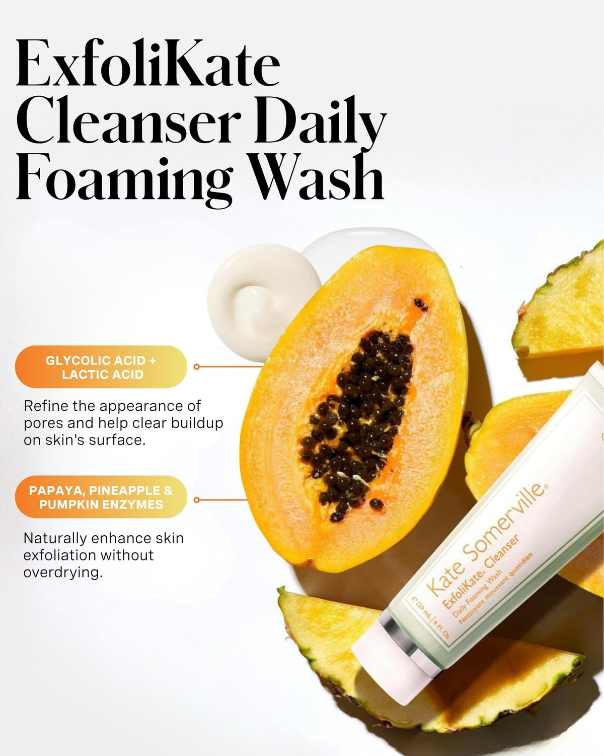 Kate Somerville ExfoliKate Cleanser - Daily Exfoliating Foaming Face Wash, Clinically Formulated Glycolic Acid and Lactic Acid Gentle Facial Scrub, 8 Fl Oz