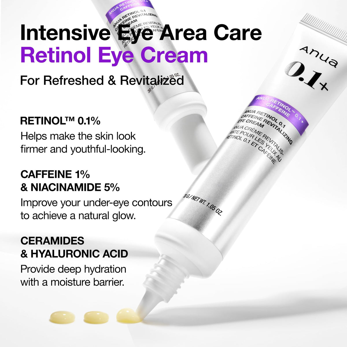 Anua Retinol 0.1 Caffeine Revitalizing Eye Cream - Hydrating Eye Cream for Dark Circles & Puffiness, Korean Skincare (1.05 fl oz)