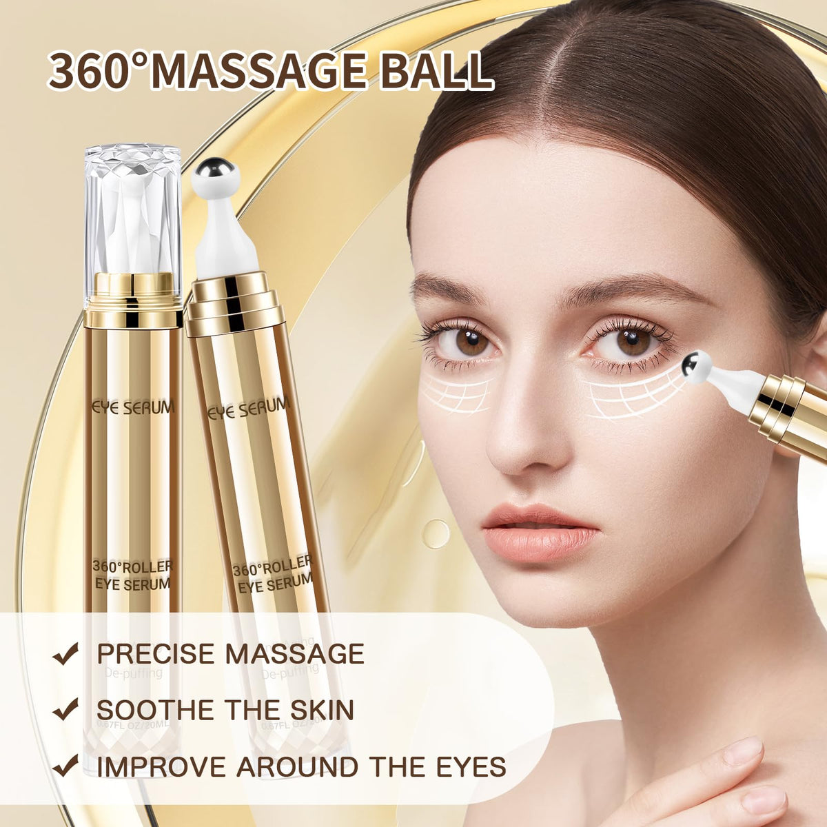 5% Caffeine Eye Serum with 360° Cooling Massage Ball (0.67 fl oz) - Rapid Treatment for Dark Circles, Puffiness & Eye Bags - Hyaluronic Acid Anti-Aging Serum for Men & Women