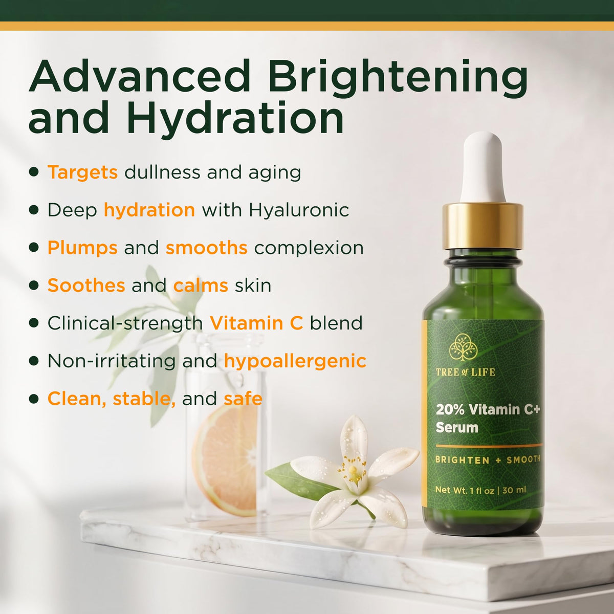 Tree of Life 20% Vitamin C+ Serum For Face with Vitamin E - Brightening & Hydrating Face Serum for Dark Spots, Fine Lines & Anti Aging - Dermatologist Tested, 1 Fl Oz - Mothers Day Gifts