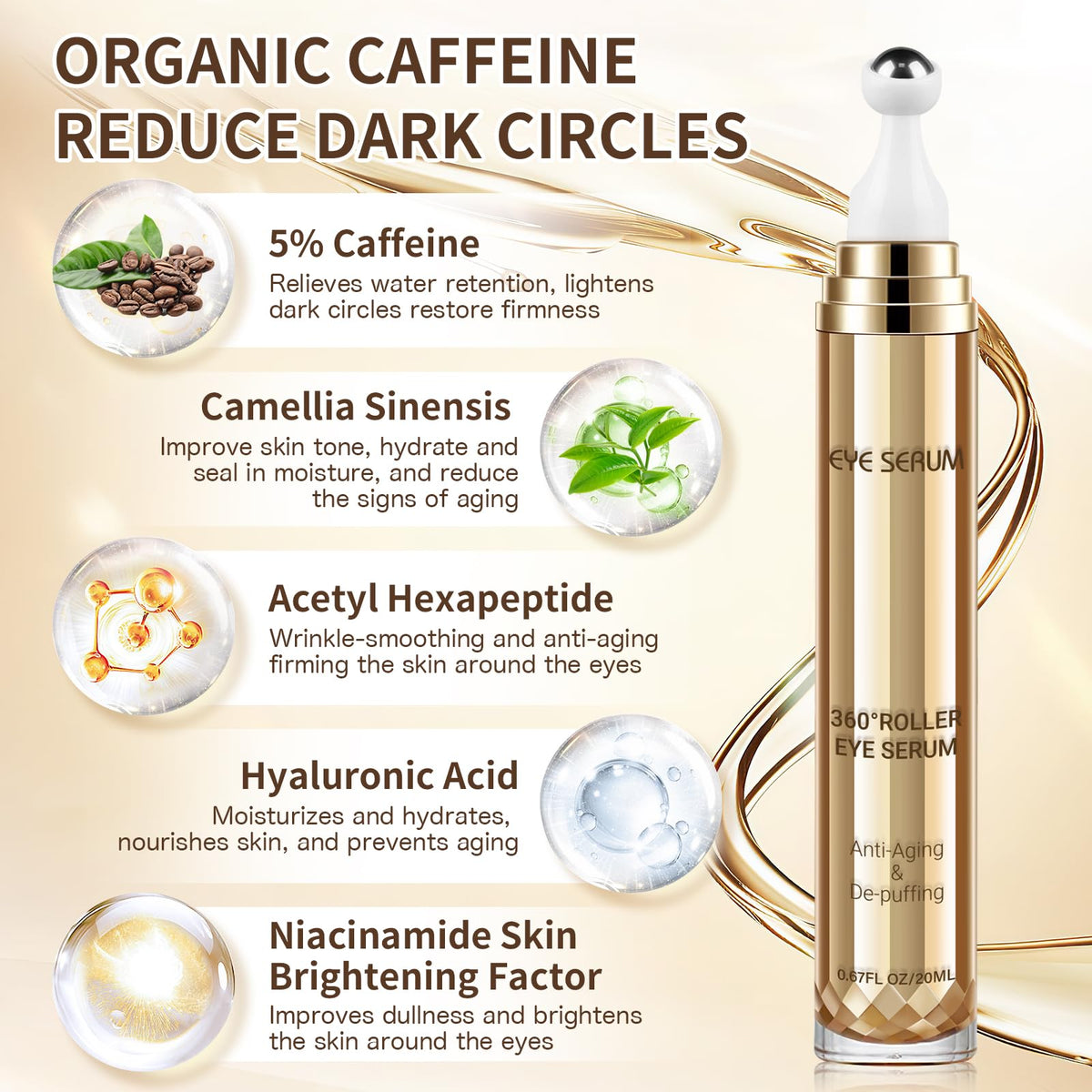 5% Caffeine Eye Serum with 360° Cooling Massage Ball (0.67 fl oz) - Rapid Treatment for Dark Circles, Puffiness & Eye Bags - Hyaluronic Acid Anti-Aging Serum for Men & Women