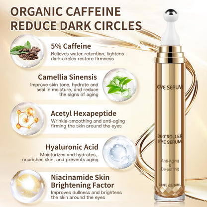 5% Caffeine Eye Serum with 360° Cooling Massage Ball (0.67 fl oz) - Rapid Treatment for Dark Circles, Puffiness & Eye Bags - Hyaluronic Acid Anti-Aging Serum for Men & Women