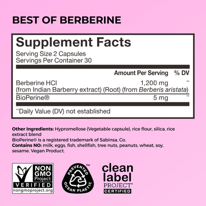HUM Best of Berberine Supplement 1200mg, Pure Potency for Metabolic Wellness, Gut Health, Pure Berberine Supplements Enhanced with BioPerine for Maximum Absorption, 60 Capsules