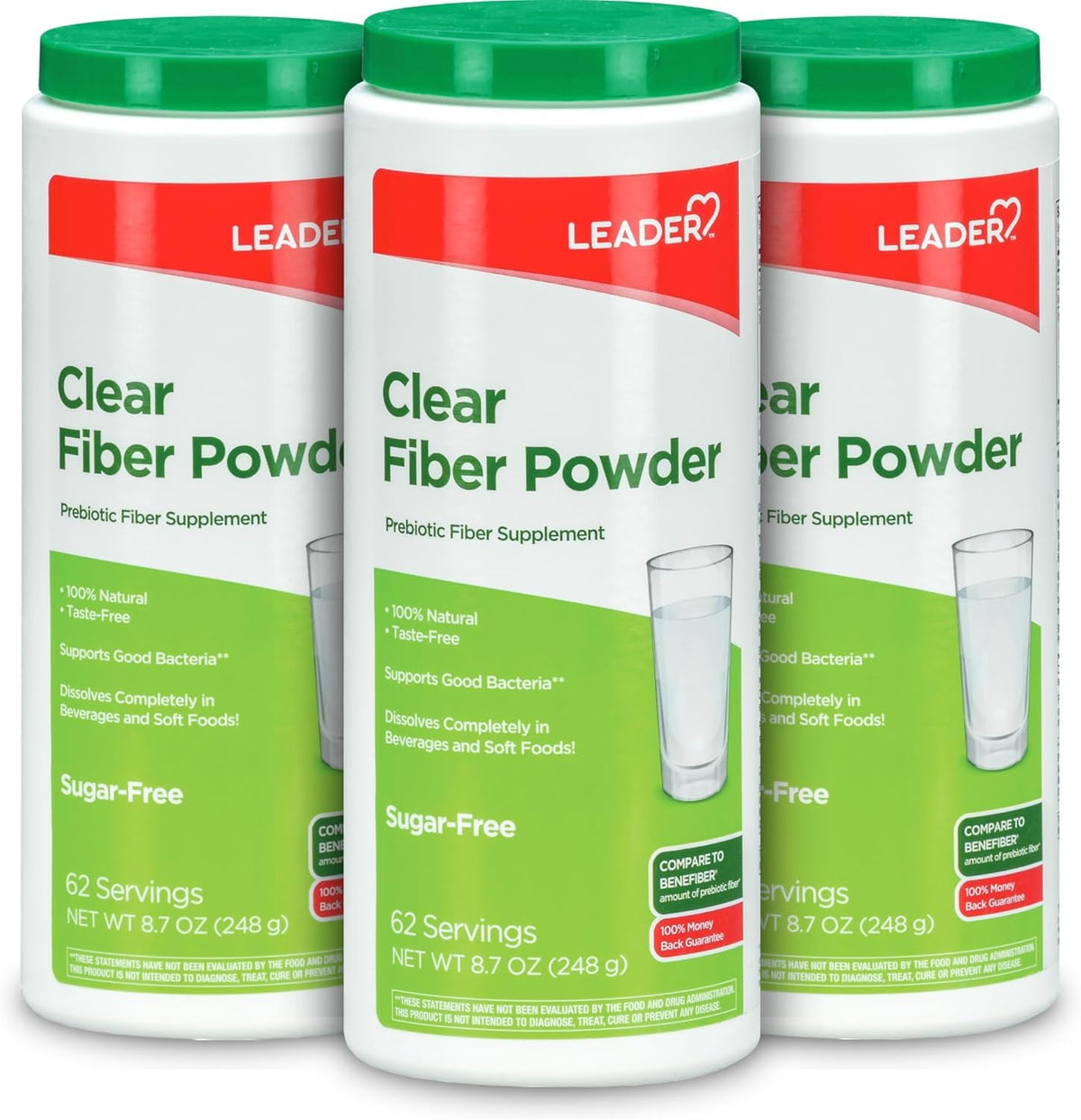 LEADER Prebiotic Fiber Supplement Powder, Soluble Wheat Dextrin, Dissolves Clear, Tasteless & Grit-Free, Non-Thickening, Gluten & Sugar-Free, Unflavored Daily Fiber for Gut Health 186 Servings, 3-Pack