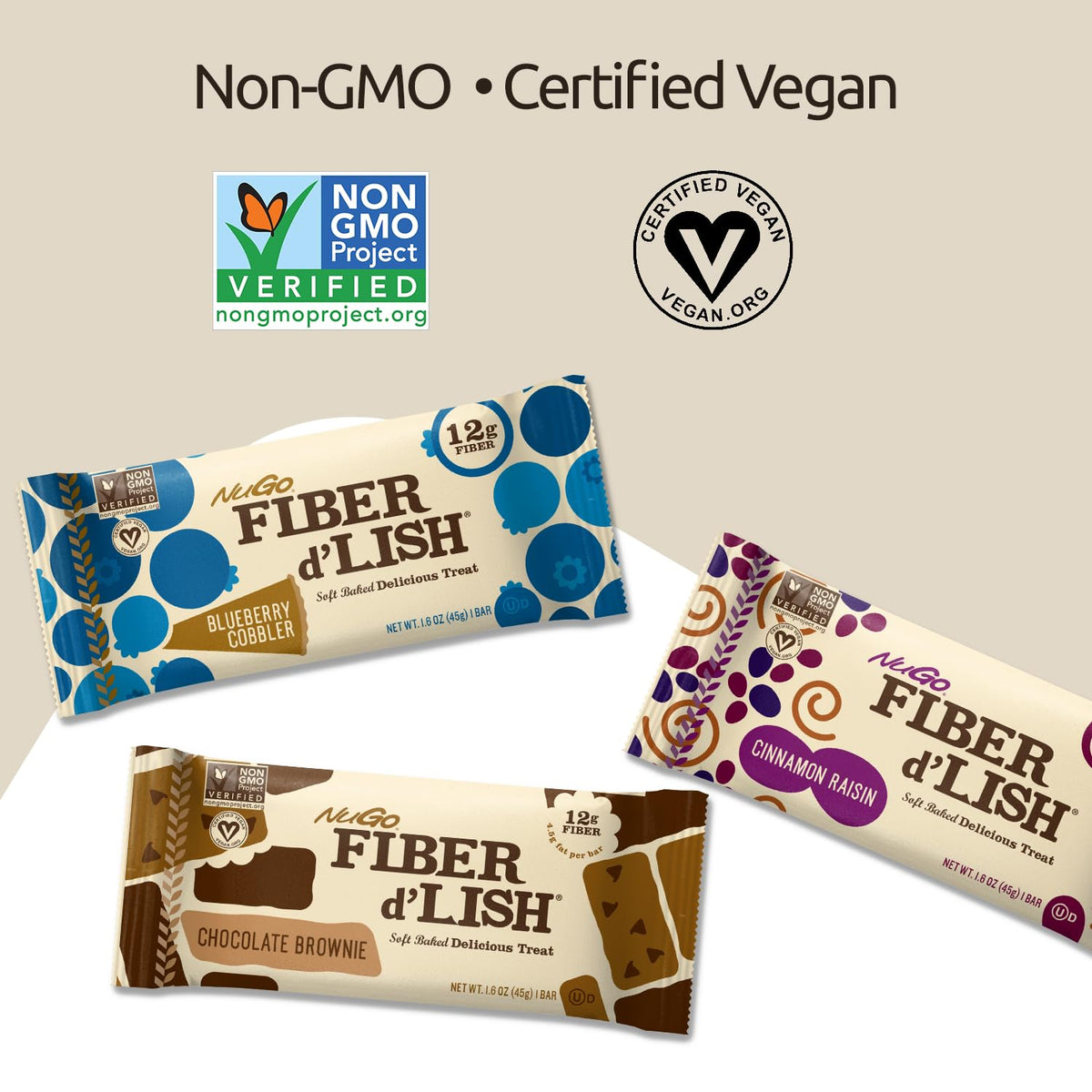 NuGo Fiber d'Lish Chocolate Brownie, 12g High Fiber, Vegan, 150 Calories, 16 Count