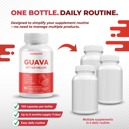 NURAFUSE Guava Extract & Bitter Melon Supplement - Metabolism & Digestive Support with Ginger, Cinnamon & Gymnema - 150 Capsules