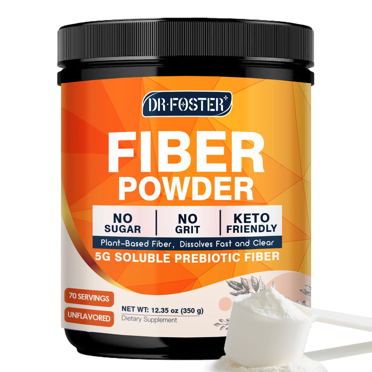 DRFOSTER Prebiotic Fiber Powder Unflavored - Soluble Fiber Supplement with Acacia Fiber & Inulin Powder for Digestive Health and Regularity - 5g Per Scoop, 70 Servings - Gluten & Sugar Free, Vegan