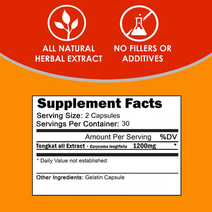 VH Nutrition Tongkat Ali Extra Strength Testosterone & Hormone Support for Men - 200:1 Eurycoma Longifolia Extract - 60 Capsules