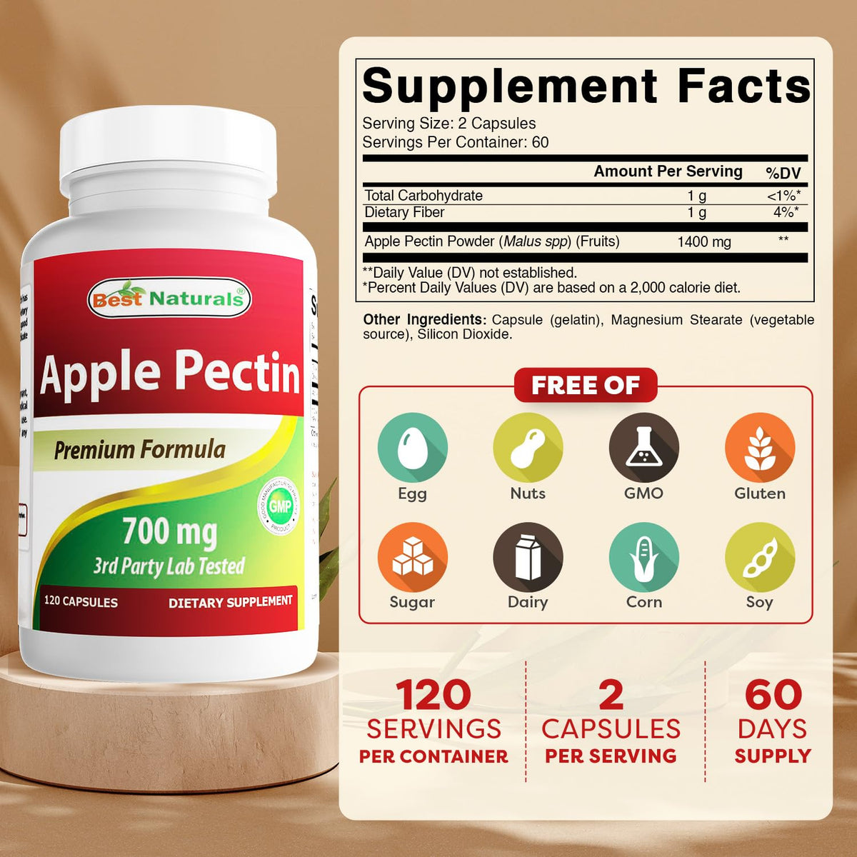 Best Naturals Apple Pectin 700 mg - Dietary Fiber - Intestinal Support - 120 Capsules (120 Count (Pack of 2))