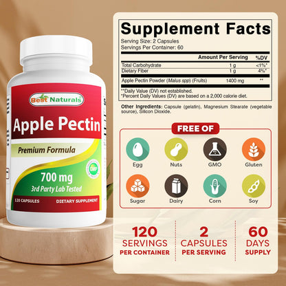 Best Naturals Apple Pectin 700 mg - Dietary Fiber - Intestinal Support - 120 Capsules (120 Count (Pack of 2))