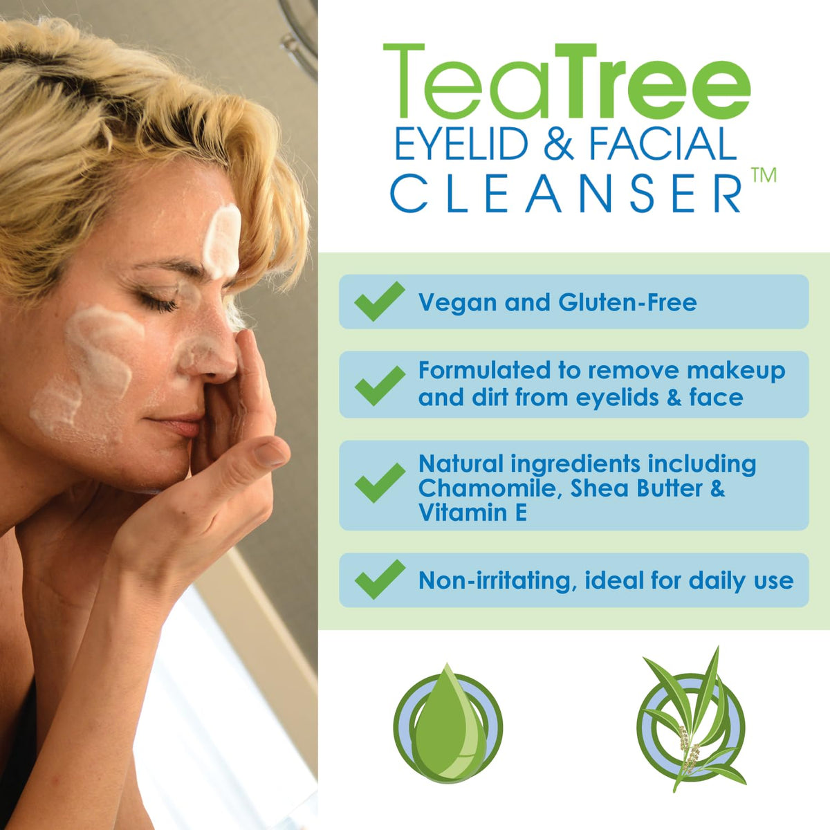 EYEECO Gentle Tea Tree Oil Foaming Facial Cleanser - 1.6oz - Non-Irritating Eyelid Cleanser & Face Wash with Tea Tree, Chamomile & Shea Butter