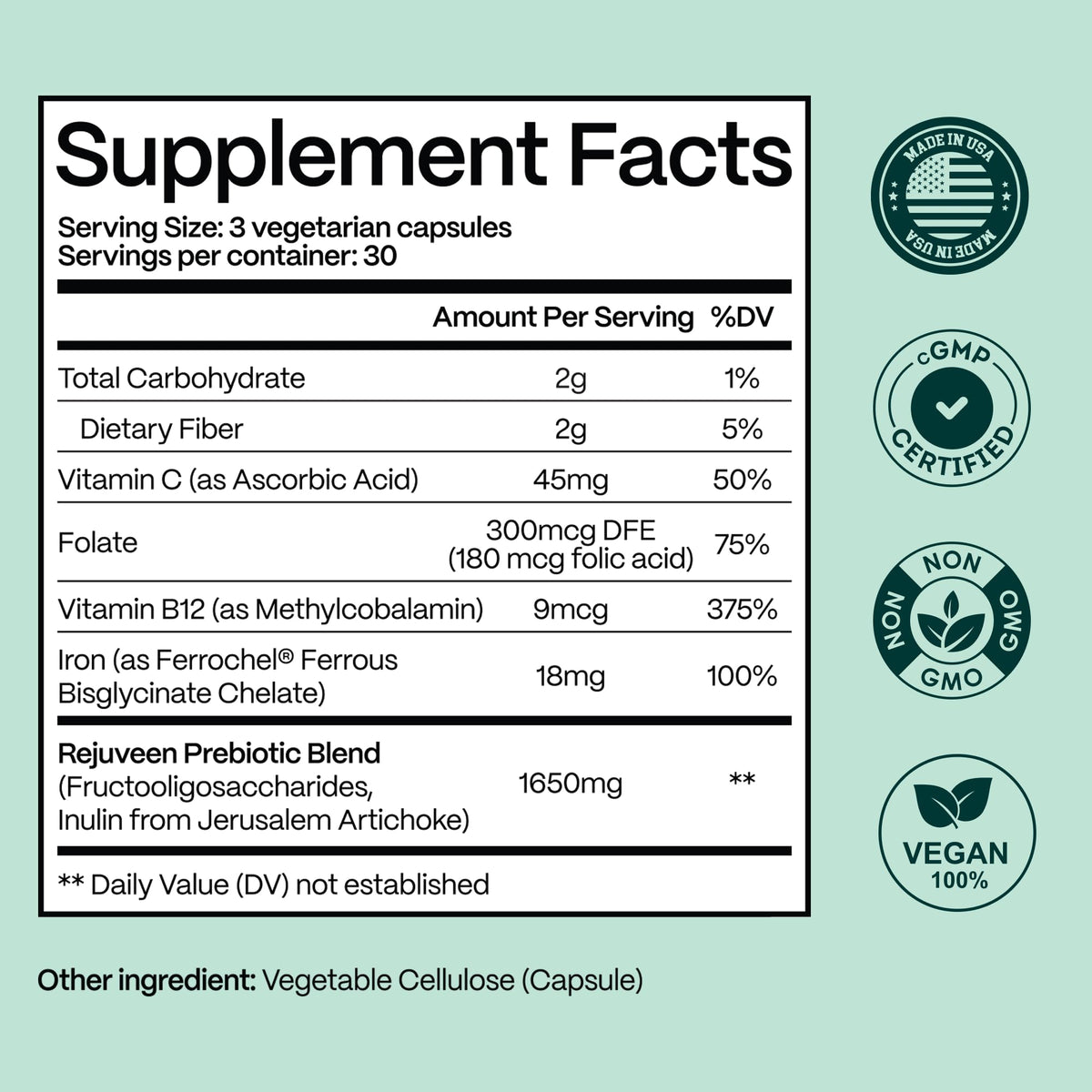 Rejuveen Previtalean - Prebiotic Fiber Supplement for Women - Supports Gut Health & Red Blood Cell Production - Contains Highly Bioavailable Iron, Folate & Vitamin B12 - 90 Ct, 30 Servings