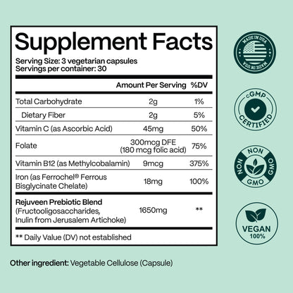 Rejuveen Previtalean - Prebiotic Fiber Supplement for Women - Supports Gut Health & Red Blood Cell Production - Contains Highly Bioavailable Iron, Folate & Vitamin B12 - 90 Ct, 30 Servings
