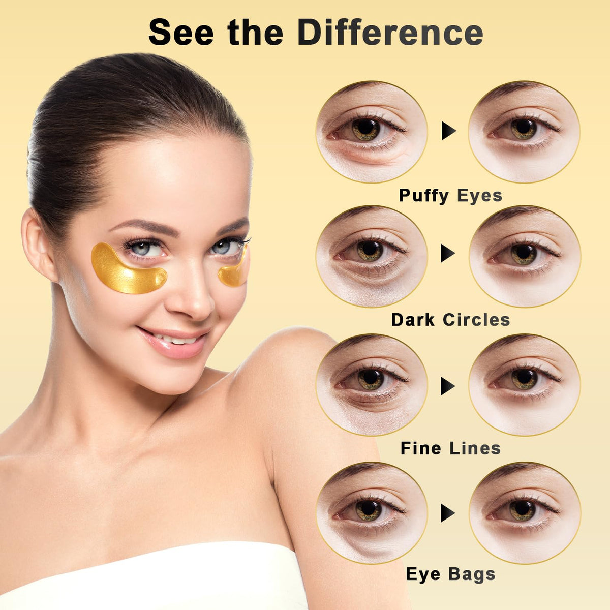 Tibobo 24K Gold Under Eye Patches - Collagen Enriched Eye Mask for Dark Circles & Puffiness - Valentines Day Gift (48 Pairs)