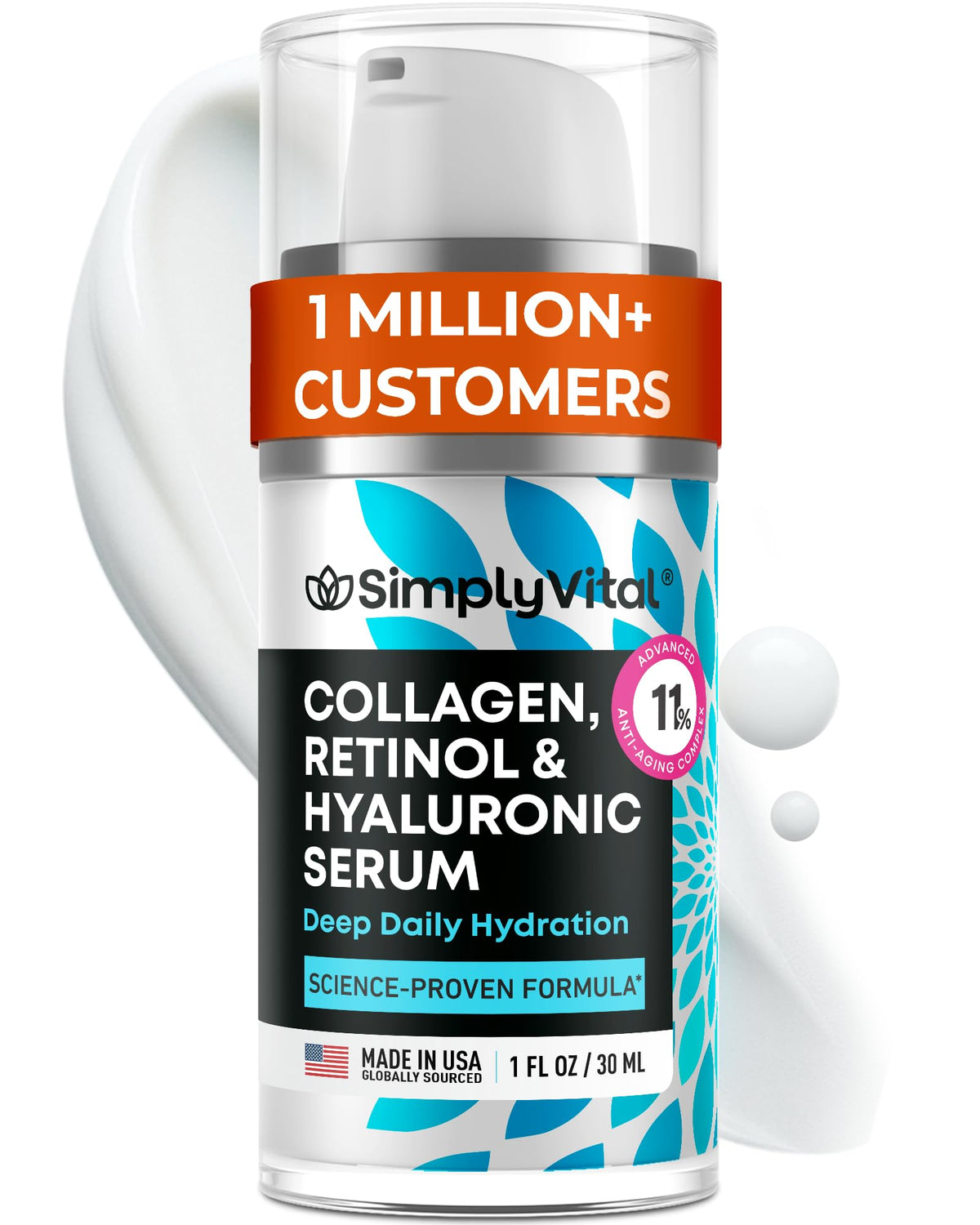 SimplyVital Collagen, Retinol & Hyaluronic Acid Serum - Anti-Aging Moisturizer for Face, Neck & Décolleté - Made in USA, Deep Moisturizing Skin Care Complex - Hydrating Facial Serum for Women, 1 fl.oz