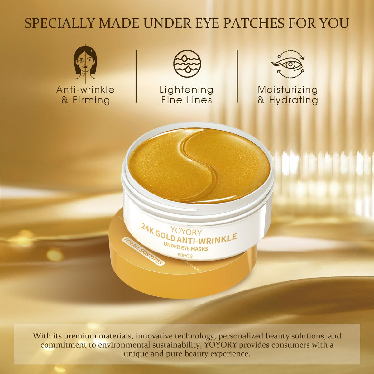 YOYORY 24K Gold Under Eye Patches - Anti-Aging Treatment for Dark Circles, Puffy Eyes & Wrinkles - Collagen & Hyaluronic Acid (60 Pcs)