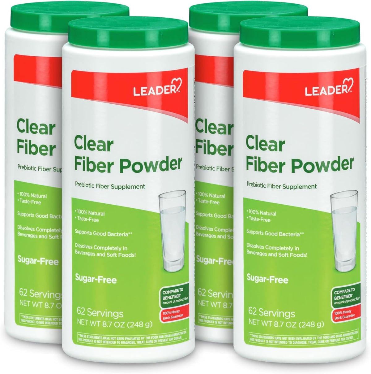 Leader Prebiotic Fiber Supplement Powder for Digestive Health, 100% Natural Daily Fiber Powder, Sugar-Free, Taste-Free, Gluten Free, Non-GMO, Unflavored, 62 Servings (8.7 OZ) (Pack of 4)