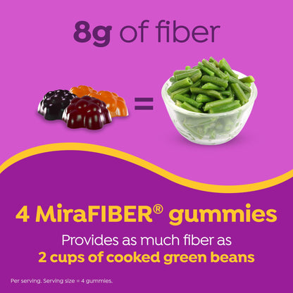 MiraFIBER Gummies, from The Makers of MiraLAX, 8g Per Serving, with B Vitamins, Metabolism Support, Gut Health for Men & Women, Prebiotic Fiber Gummies for Adults, Mixed Fruit Flavor 72Ct