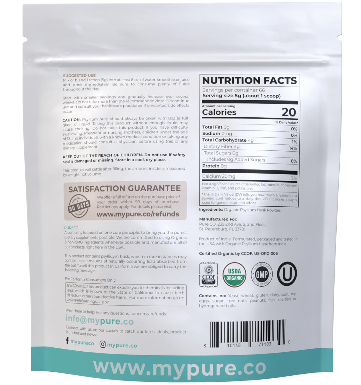 Psyllium Husk Powder Organic Certified - Finely Ground Whole Psyllium Husk Organic Fiber Powder for Baking Smoothies & More - Vegan Gluten Free Non-GMO & Filler Free Soluble Fiber (66 Servings)