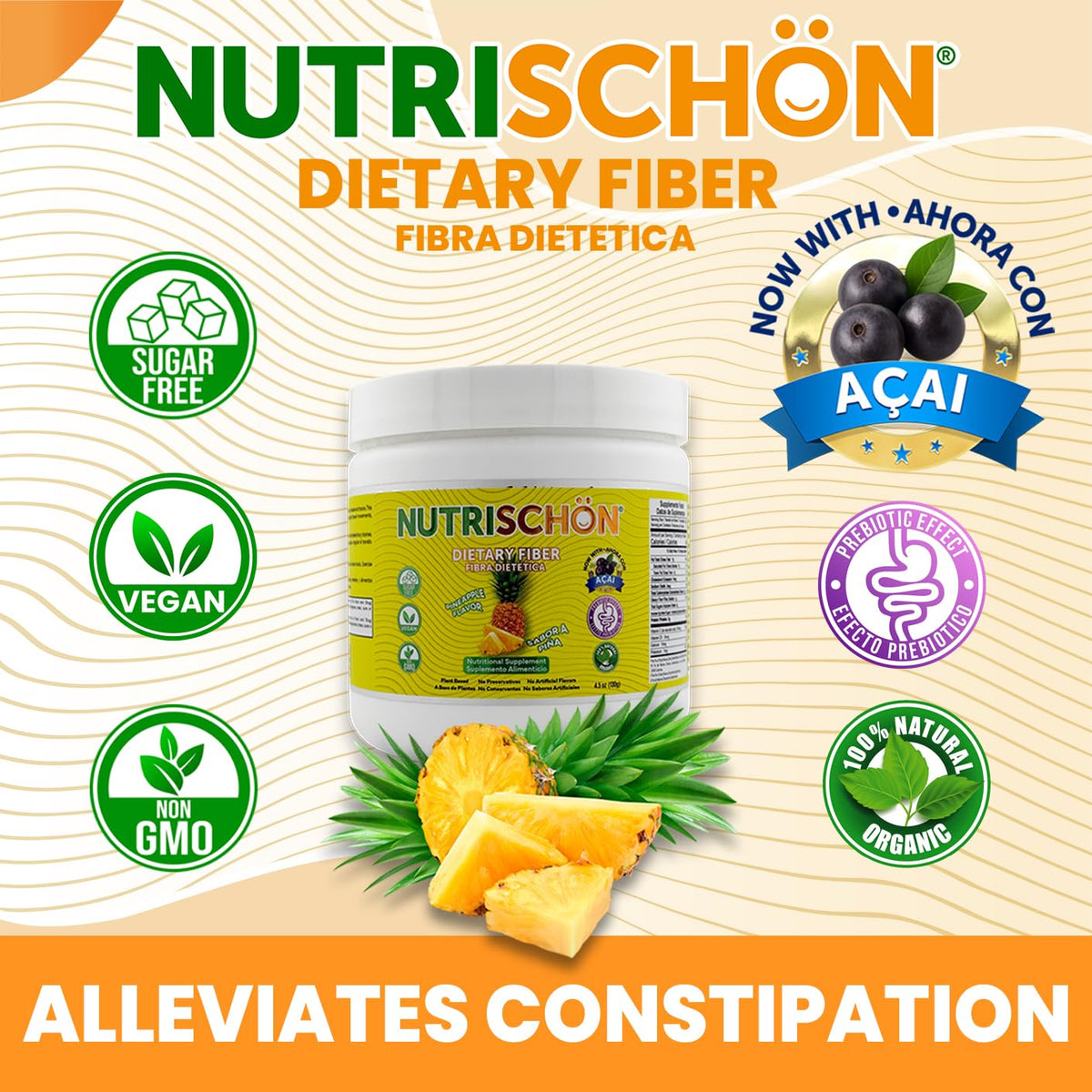 NUTRISCHON - Dietary Fiber Supplement - Relieves Constipation Naturally, Supports Gut Health & Regularity, with Added Açai, Sugar Free, Non-GMO - (4.5 oz, Pineapple)