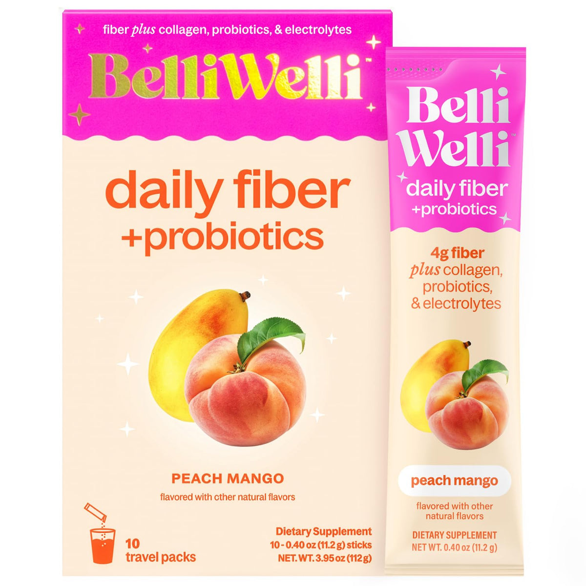 Belli Welli Fiber Supplement, Probiotics Fiber Powder Travel Pack for Women with Collagen & Electrolytes for Daily Gut Health & Debloating, Peach Mango, 10 Packets