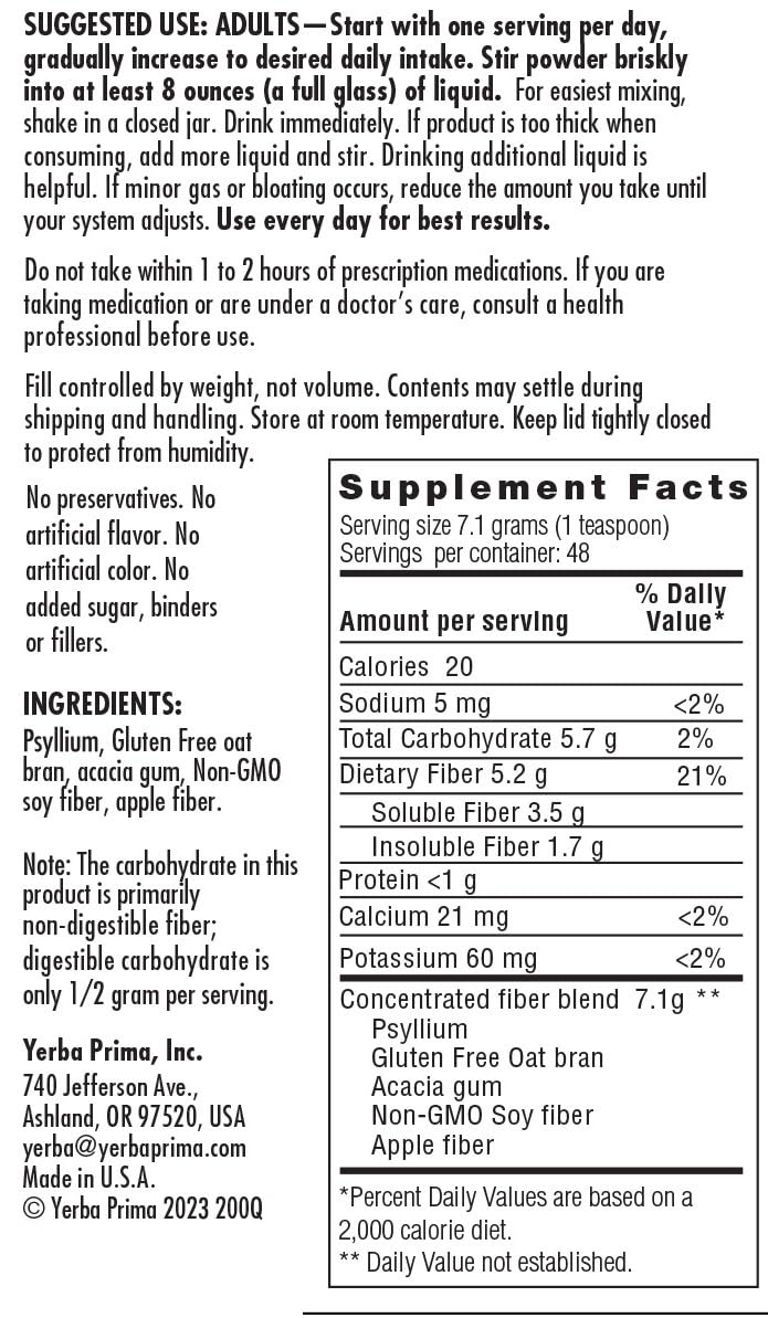 Yerba Prima Daily Fiber Formula Powder - 12 oz (Pack of 2) - Soluble & Insoluble Dietary Fiber Supplement - Colon Cleanse - Gut Health - Vegan, Non-GMO, Gluten-Free