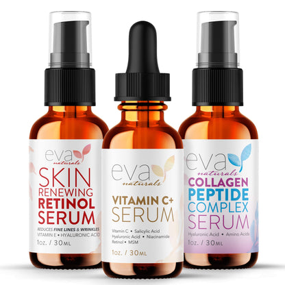 Eva Naturals Trifecta Face Serum Set - Retinol, Vitamin C & Peptides with Hyaluronic Acid & Niacinamide - Anti-Aging Skincare Bundle for Women - Collagen Boosting, Wrinkle & Spot Treatment