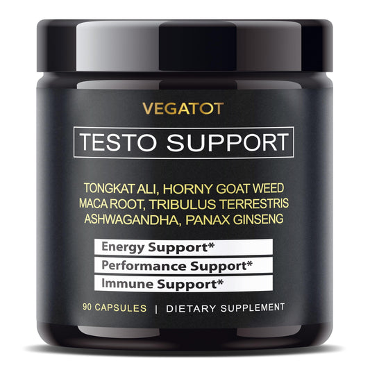 VEGATOT 8 in 1 testosterone support capsules men Tongkat Ali Ginseng Maca Ashwagandha Tribulus energy stamina circulation performance bottle