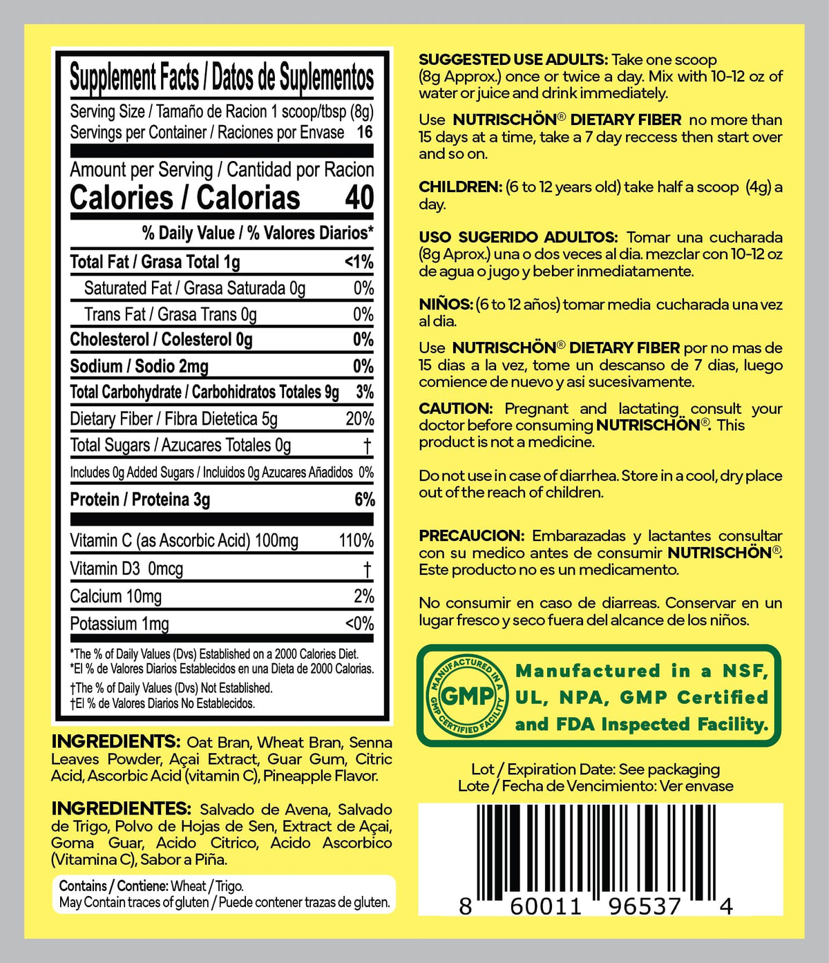 NUTRISCHON - Dietary Fiber Supplement - Relieves Constipation Naturally, Supports Gut Health & Regularity, with Added Açai, Sugar Free, Non-GMO - (4.5 oz, Pineapple)