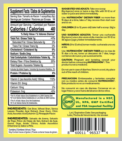 NUTRISCHON - Dietary Fiber Supplement - Relieves Constipation Naturally, Supports Gut Health & Regularity, with Added Açai, Sugar Free, Non-GMO - (4.5 oz, Pineapple)
