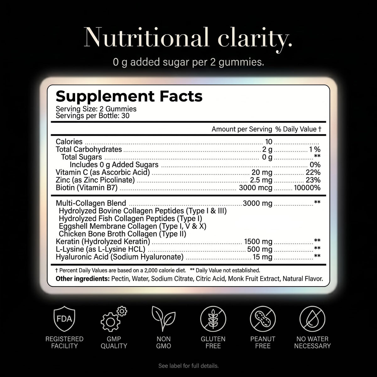 Collagen Peptides Gummies Sugar Free 3000mg Multi Collagen Blend for Hair, Skin & Nails Support + 1500mg Keratin + 3000mcg Biotin, Hyaluronic Acid, Vitamin C & Zinc, 60 Gummies (Packaging May Vary)