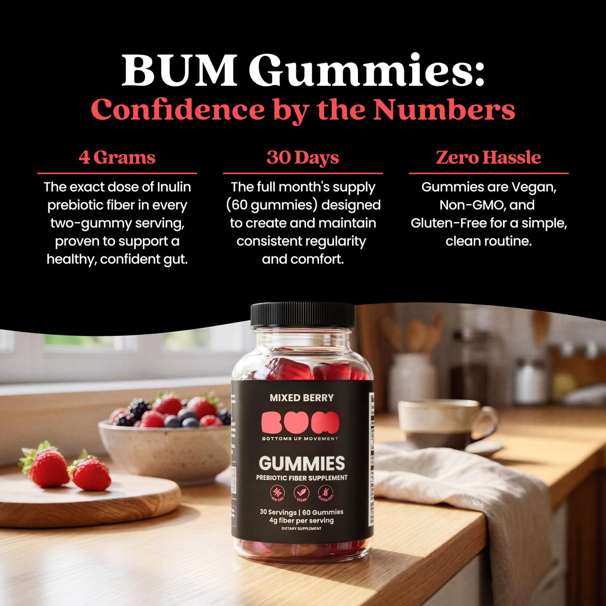 Bum Prebiotic Fiber Supplement for Men - Chicory Root Inulin Prebiotic Fiber Gummies for Men for Peachy Digestive Health, Regularity & Boating Relief - 4g Per Serving - 60 Gummies (30 Servings)