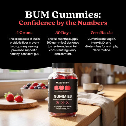 Bum Prebiotic Fiber Supplement for Men - Chicory Root Inulin Prebiotic Fiber Gummies for Men for Peachy Digestive Health, Regularity & Boating Relief - 4g Per Serving - 60 Gummies (30 Servings)