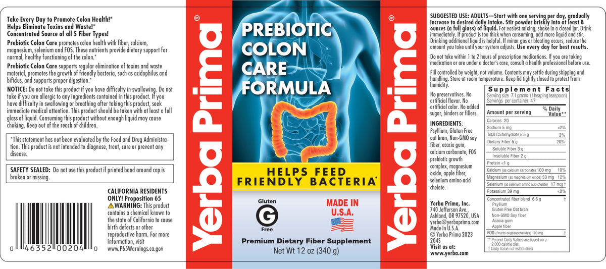 Yerba Prima Prebiotic Colon Care Formula Powder, 12 Ounce - Premium Dietary Fiber Supplement, Gluten Free, Made in USA, Non-GMO
