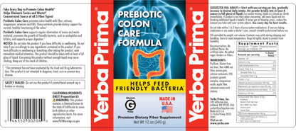 Yerba Prima Prebiotic Colon Care Formula Powder, 12 Ounce - Premium Dietary Fiber Supplement, Gluten Free, Made in USA, Non-GMO