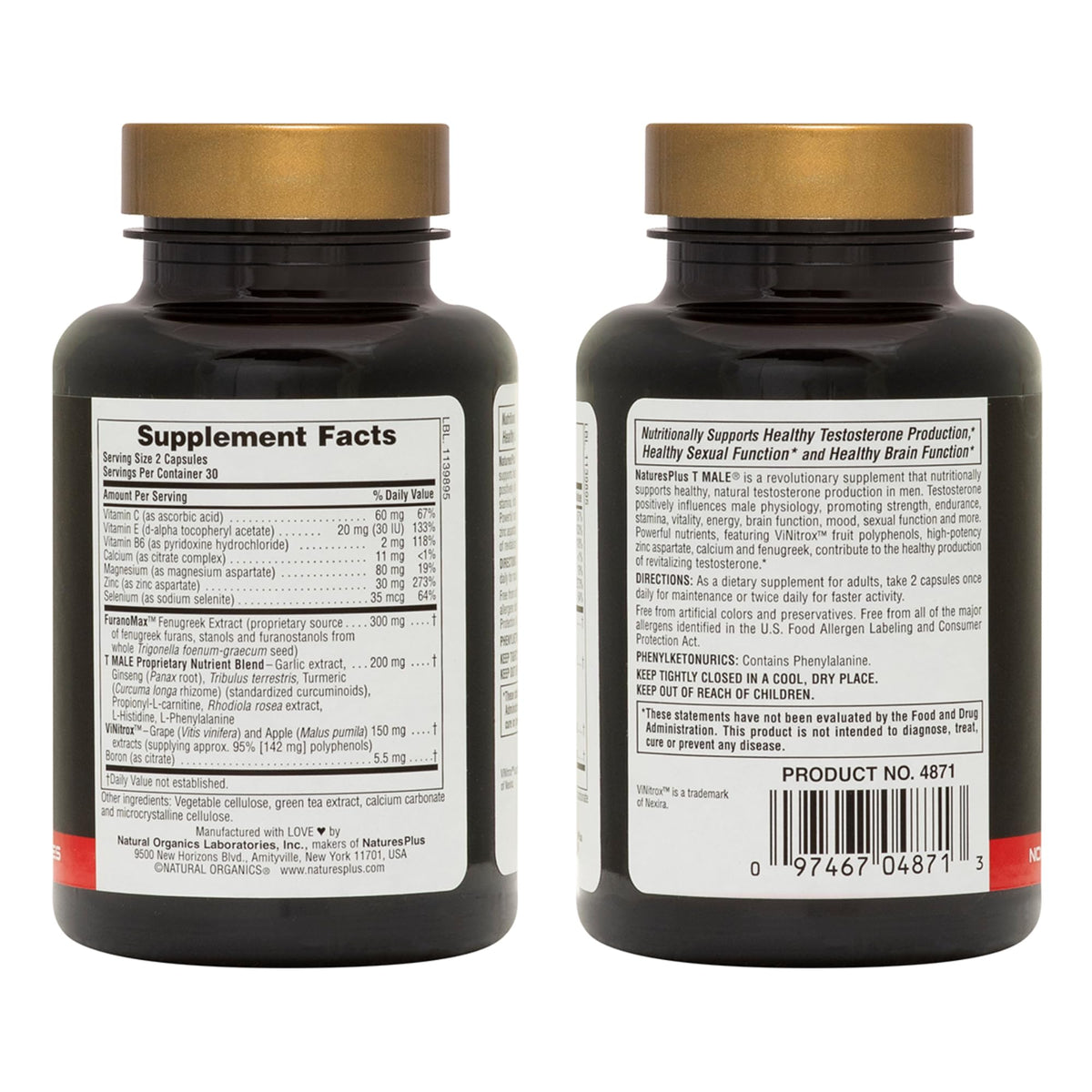 NaturesPlus T-Male Testosterone Support for Men - Ginseng, Rhodiola & FuranoMax 3 Pack (90 Servings)