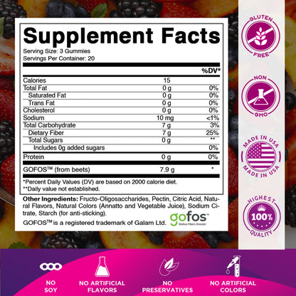 Vitamatic Prebiotic Fiber Gummies for Adults - 2 Pack (Total 120 Gummies) 7g Fiber per Serving - Extra Strength - Zero Sugar Added - Pectin-Based - Digestive Health & Regularity Support