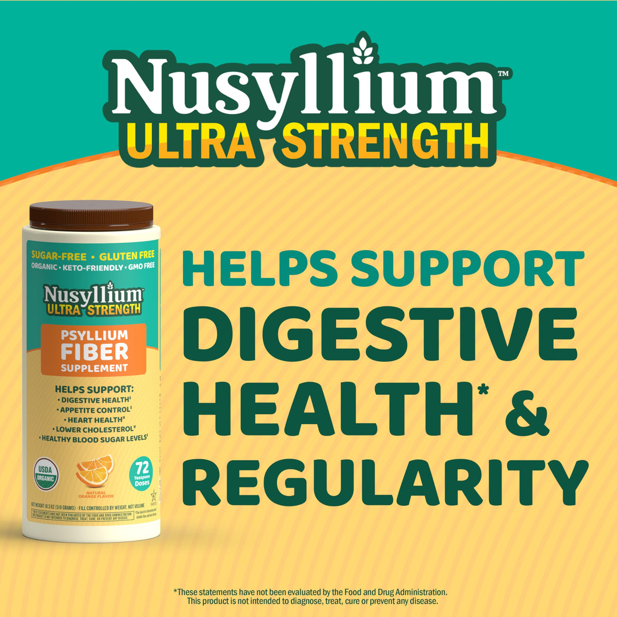 NuSyllium Ultra Psyllium Husk Powder, USDA Organic, Sugar Free Keto-Friendly Fiber Supplement, Promotes Digestive Health* Orange, 72 Servings