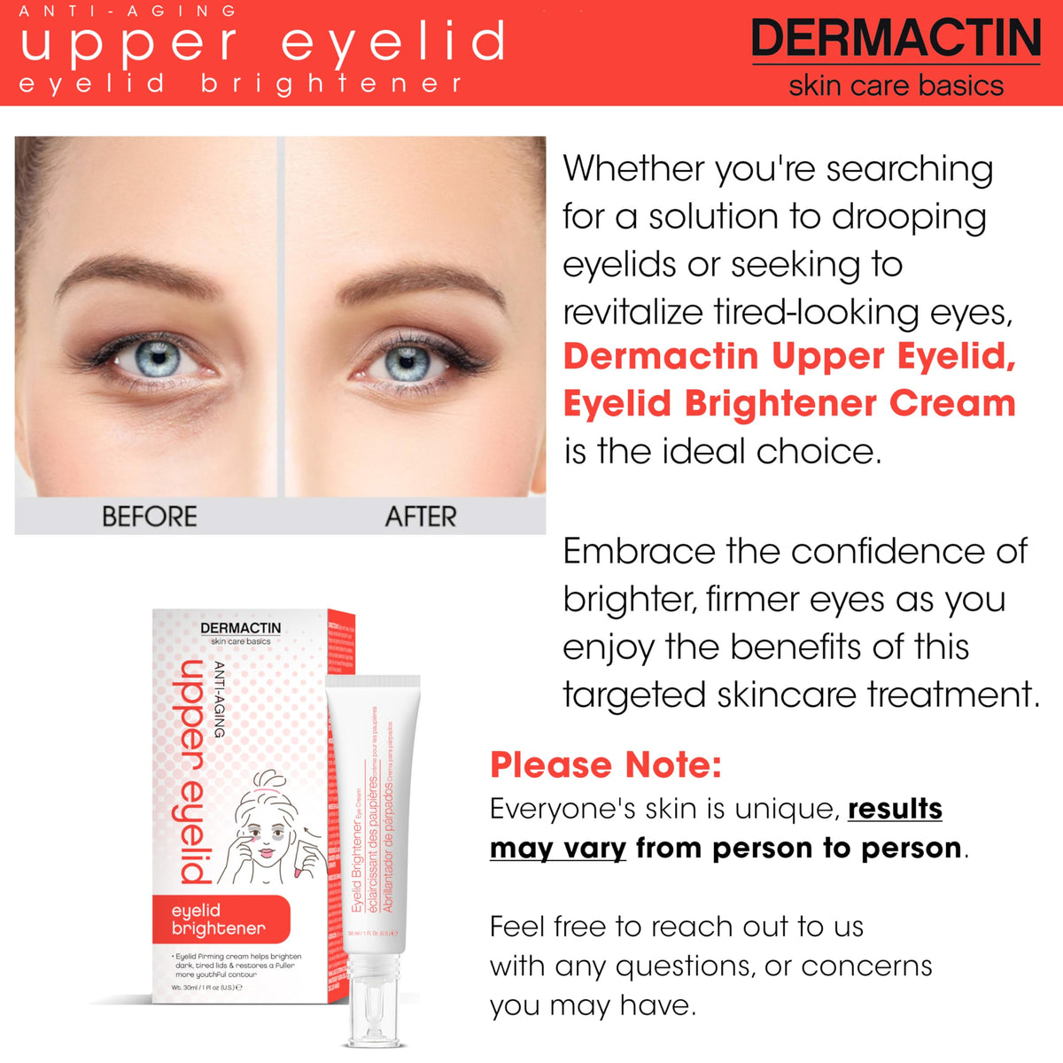 Dermactin Upper Eyelid Cream 1 oz - Firming & Toning Treatment for Sagging and Drooping Eyelids - Anti-Aging Eye Lift Cream for Sensitive Skin