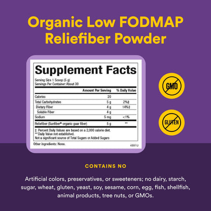 Natural Factors Organic Low FODMAP Reliefiber Powder - Digestive Health Support Supplement with Dietary & Soluble Fiber - Gut Health Support Aids Mild Bloating - Unflavored, 5.3 oz (30 Servings)