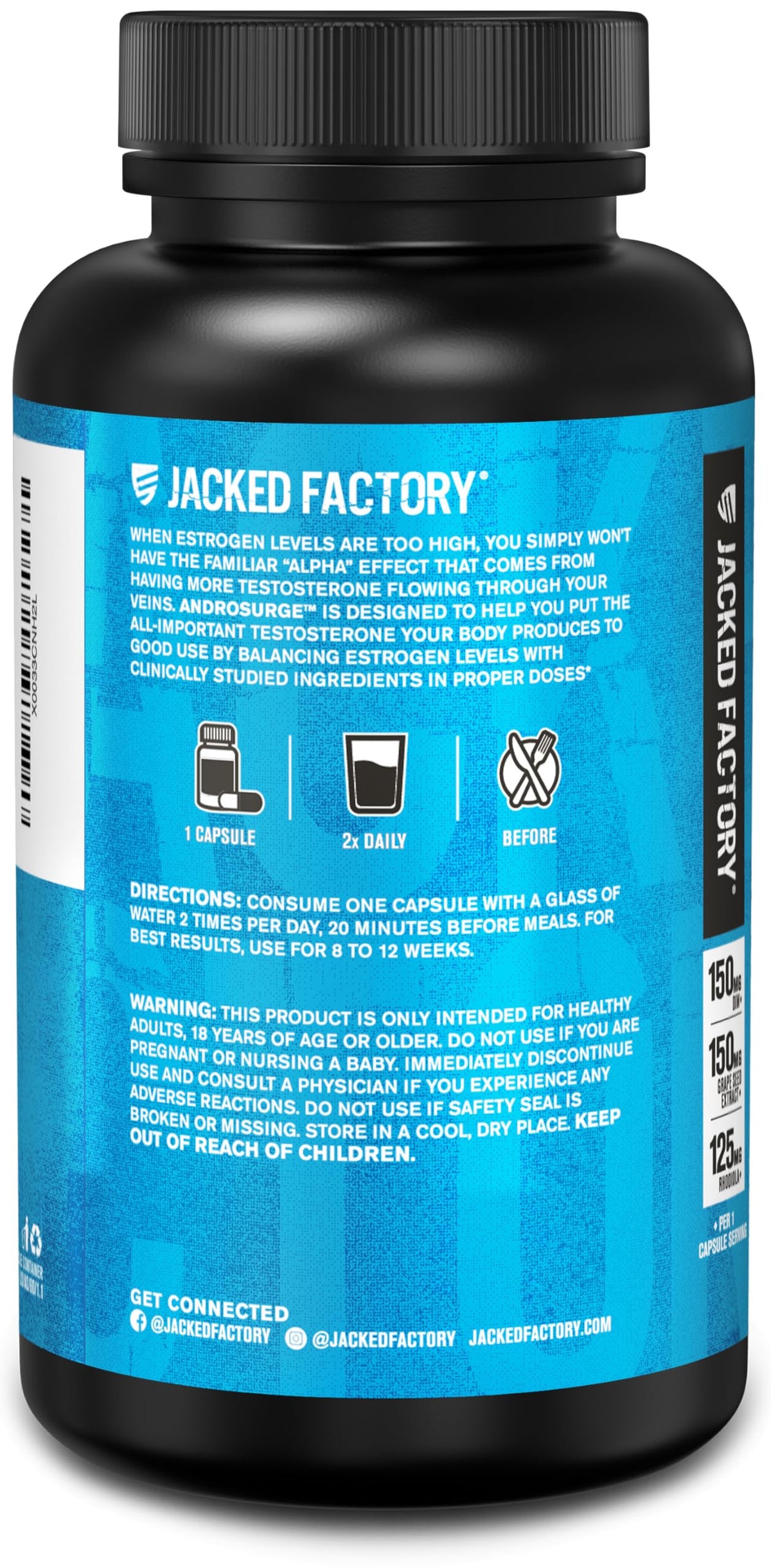 Jacked Factory Androsurge Estrogen Blocker for Men - Tongkat Ali, DIM & Rhodiola Vitality Support Supplement - 120 Count