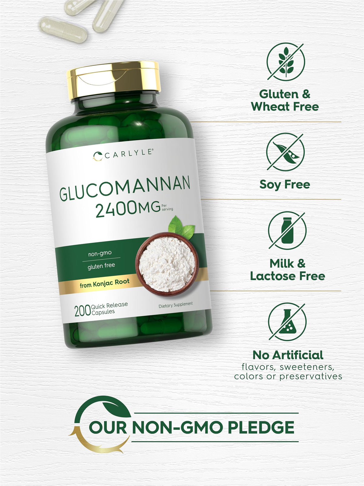 Carlyle Glucomannan Capsules - 200 Count - from Konjac Root - Soluble Fiber Pills - Non-GMO, Gluten Free Supplement