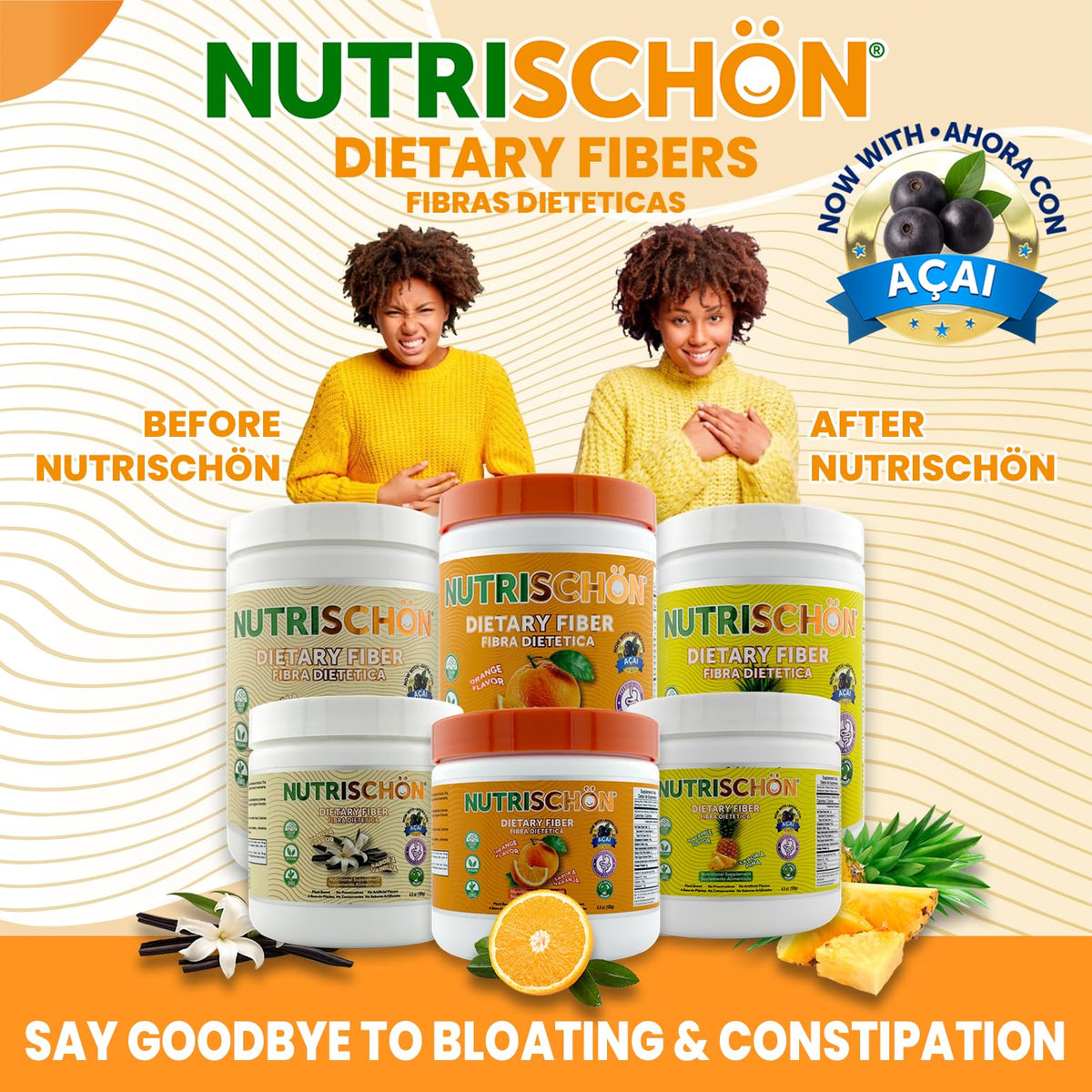 NUTRISCHON - Dietary Fiber Supplement - Relieves Constipation Naturally, Supports Gut Health & Regularity, with Added Açai, Sugar Free, Non-GMO - (4.5 oz, Pineapple)