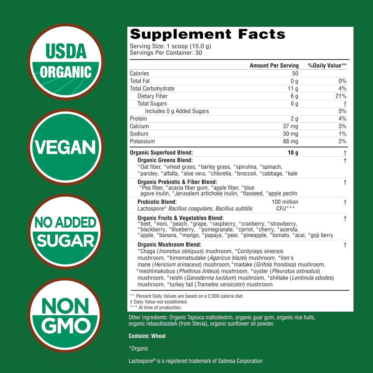 Country Farms Super Greens Natural Flavor, 50 Organic Super Foods, USDA Organic Drink Mix (Wheat Grass, Spirulina, Chlorella) Mushrooms & Probiotics, Fiber, Gut Health, Natural Energy, 30 Servings