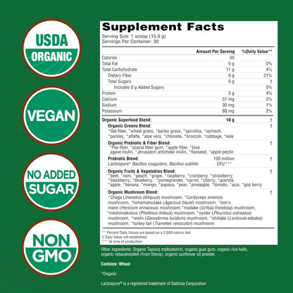 Country Farms Super Greens Natural Flavor, 50 Organic Super Foods, USDA Organic Drink Mix (Wheat Grass, Spirulina, Chlorella) Mushrooms & Probiotics, Fiber, Gut Health, Natural Energy, 30 Servings